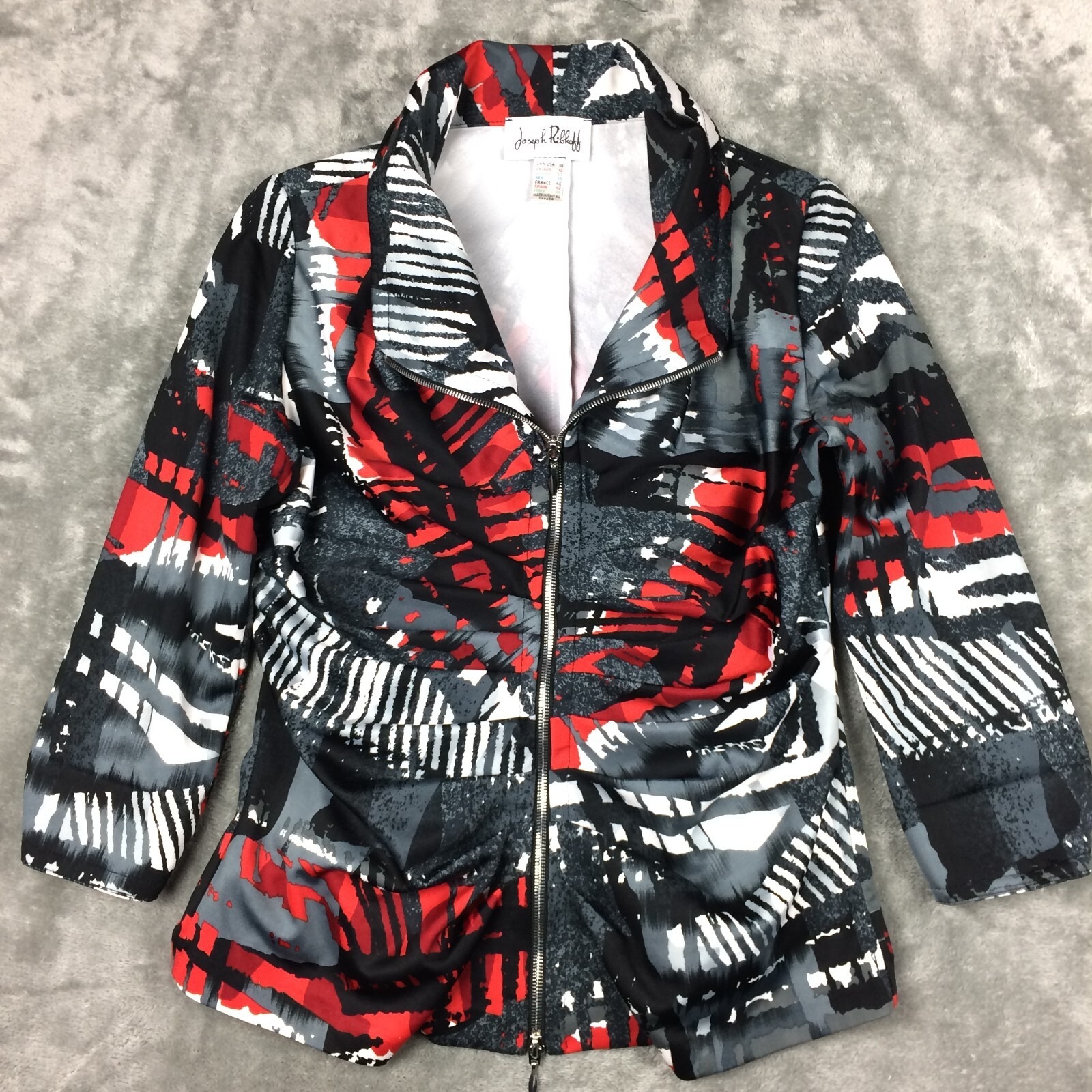 Joseph Ribkoff Top 10 Ruched Black Red Designer Event Party Office Colorful Zip